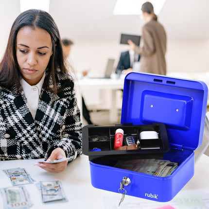 Rubik Medium Cash Box with Key Lock, Portable Money Box (20x16x9cm) Blue