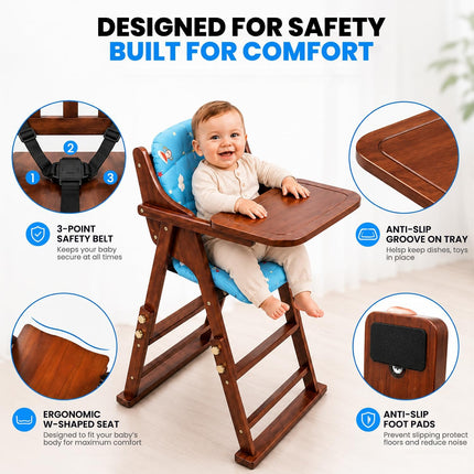 Adjustable Baby High Chair with Tray, Solid Wood Foldable with Safety Belt and Cushion (Red Mahogany)