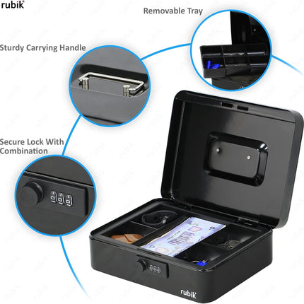 Large Cash Box with Combination Lock & Tray - Black (25x20x9cm)