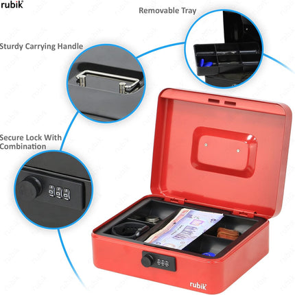 Large Cash Box with Combination Lock & Tray - Red (25x20x9cm)
