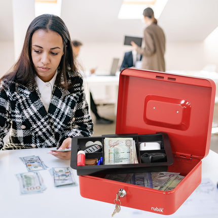 Rubik Large Cash Box with Key Lock, Portable Money Box (25x20x9cm) Red