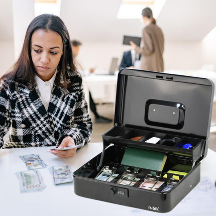 Rubik X-Large Cash Box with Combination Lock, Money Tray & Coin Slot 30x24x9cm Black