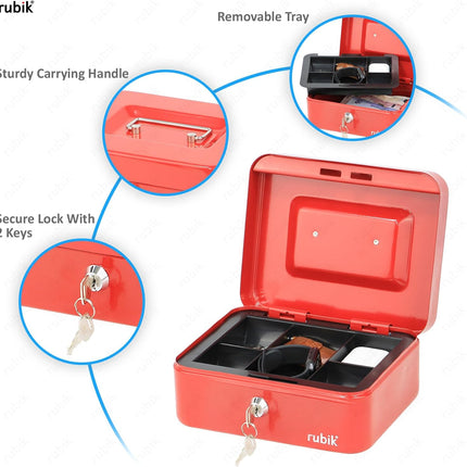 Rubik Medium Cash Box with Key Lock, Portable Money Box (20x16x9cm) Red