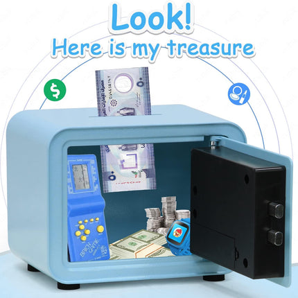 Children's Fingerprint Piggy Bank Safe Box with Deposit Slot, For Kids Girls Boys RB-ZW18F (Blue)