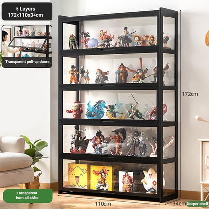 Rubik Display Showcase Cabinet, All Sides Transparent Acrylic, Pull-up Window Doors (Black), Organize and Showcase Your Treasures in Style