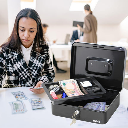 Rubik Large Cash Box with Key Lock, Portable Money Box (25x20x9cm) Black
