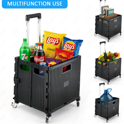 Foldable Grocery Shopping Trolley with Lid 50L Capacity, Premium 360 Swivel Wheels Cart (Black)