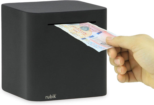 Rubik 15cm Metal Piggy Bank for Adults, Stainless Steel Savings Money Bank (All Sides Closed) Black Round Edges