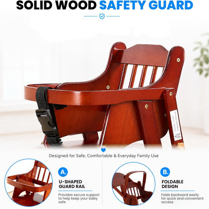 Adjustable Baby High Chair with Tray, Solid Wood Foldable with Safety Belt and Cushion (Red Mahogany)