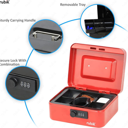 Medium Cash Box with Combination Lock & Tray - Red (20x16x9cm)