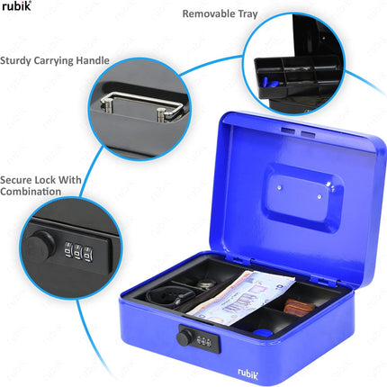Large Cash Box with Combination Lock & Tray - Blue (25x20x9cm)