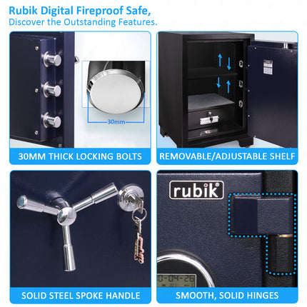 Rubik 2-Hours Fireproof Safe Box 78cm with Digital Lock & Key (RBDF-780, 150kg) Black/Blue