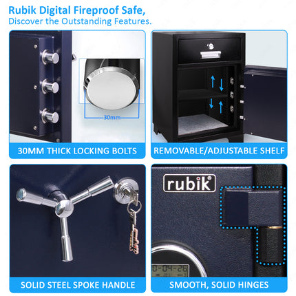 Rubik 2-Hours Fireproof Safe Box 78cm with External Storage Drawer (RBDF-780D, 155kg) Black/Blue