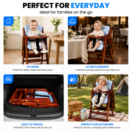 Adjustable Solid Wood Baby High Chair,  Foldable with Safety Harness & Cushion, Reddish Brown