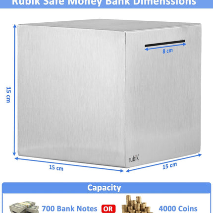 Rubik 15cm Metal Piggy Bank for Adults, Stainless Steel Savings Money Bank (All Sides Closed) Silver