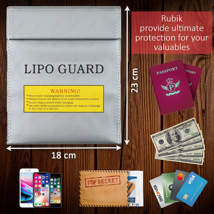 LiPo Guard Fireproof Bag 23x18cm - Triple Layer Fire Retardant Storage and Charging Pouch, Silver