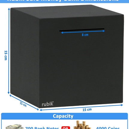 Rubik 15cm Metal Piggy Bank for Adults, Stainless Steel Savings Money Bank (All Sides Closed) Black