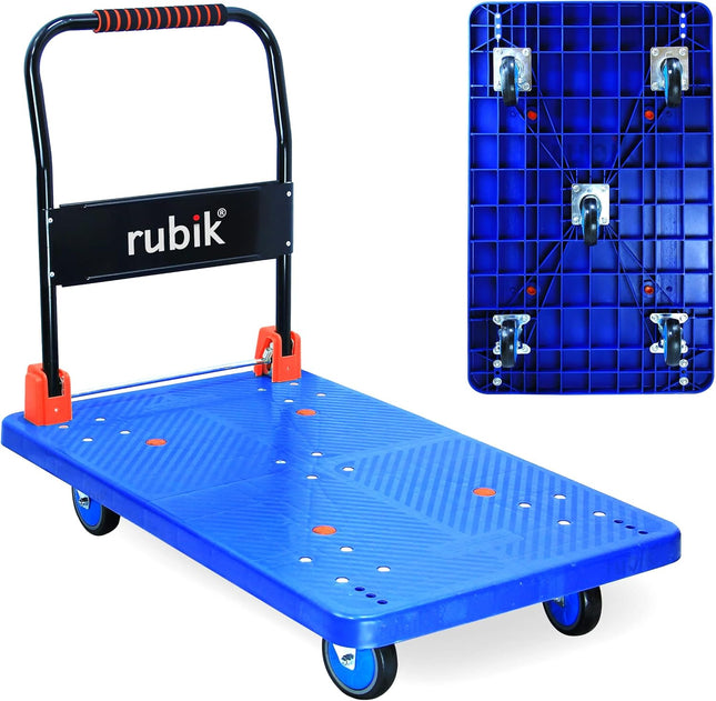 Rubik Flatbed Platform Trolley, 600kg Weight Capacity and 360 Degree Swivel Wheels, Foldable Push Hand Cart (X-Large, 110x65cm)