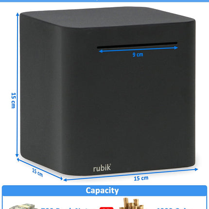 Rubik 15cm Metal Piggy Bank for Adults, Stainless Steel Savings Money Bank (All Sides Closed) Black Round Edges