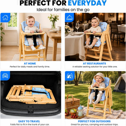 Adjustable Baby High Chair with Tray, Solid Wood Foldable with Safety Belt and Cushion (Beige)