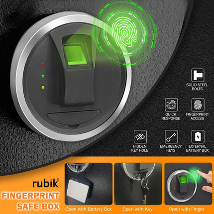 Rubik Biometric Fingerprint Safe Box Large with Keys, Fire Resistant Safety Locker for Home Office (50x35x31cm)