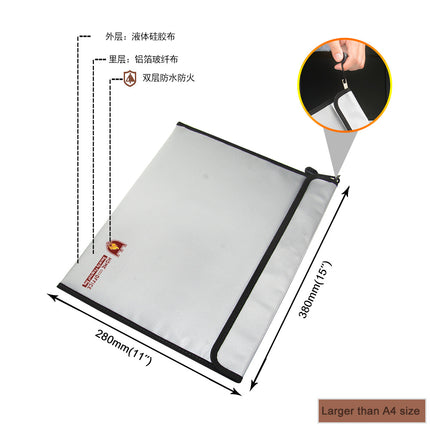 Fireproof Waterproof Document Bag 28x38cm - Liquid Silicone Outer with Fireproof Zipper