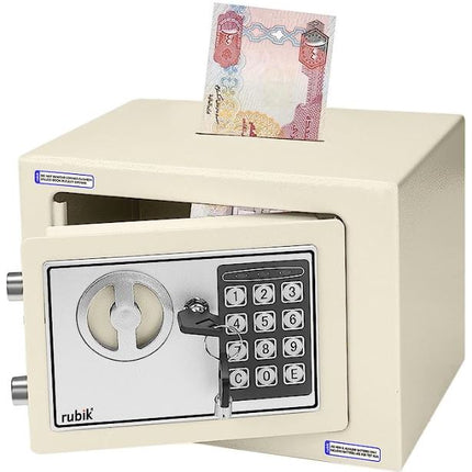Rubik Mini Safe Box With Drop Slot, Digital Lock & Key (17x23x17cm) Off White