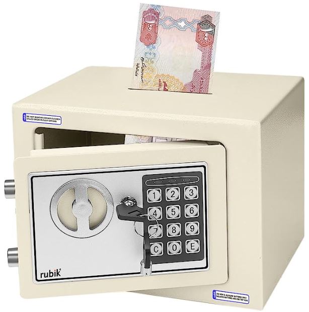 Rubik Mini Safe Box With Drop Slot, Digital Lock & Key (17x23x17cm) Off White