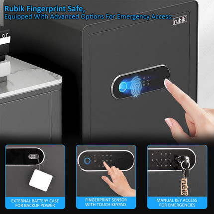 Rubik Premium Fingerprint Safe Box with Optical Keypad and Keys, Motorized Lock RB-AM55 (55x40x34cm) Black