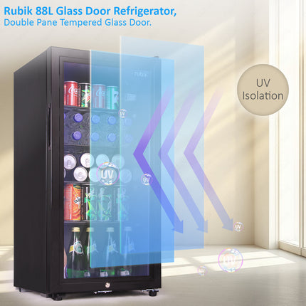 Rubik Hotel Mini Bar Compressor Fridge 88L, Glass Door Refrigerator RB-JC-88HC