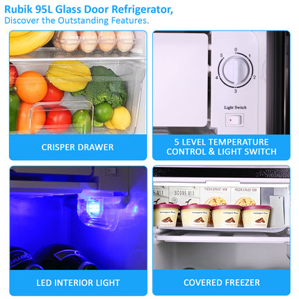 Rubik Hotel Mini Bar Compressor Fridge 95L, Glass Door Refrigerator RB-JC-95HC