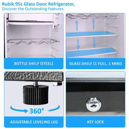 Rubik Hotel Mini Bar Compressor Fridge 95L, Glass Door Refrigerator RB-JC-95HC