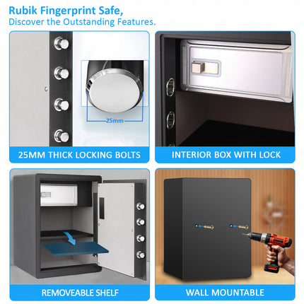 Rubik Premium Fingerprint Safe Box with Optical Keypad and Keys, Motorized Lock RB-AM55 (55x40x34cm) Black