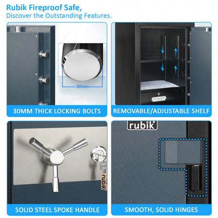 Rubik 2-Hours Fireproof Safe Box 88cm, Key Operated (RB-880LB, 180kg) Black/Blue