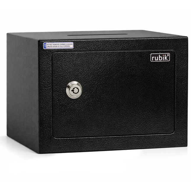 Rubik Key Operated Mini Safe Box with Drop Slot, Steel Safe (17x23x17cm) RB-17BK-SL Black