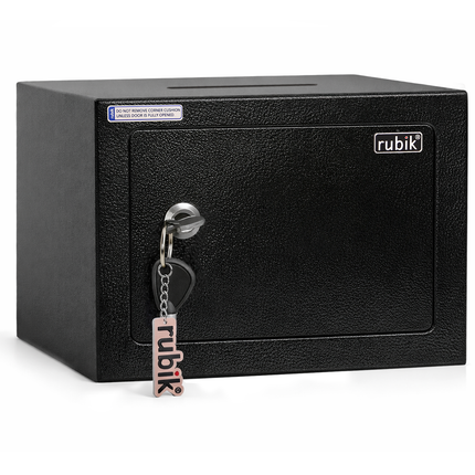 Rubik Key Operated Mini Safe Box with Drop Slot, Steel Safe (17x23x17cm) RB-17BK-SL Black