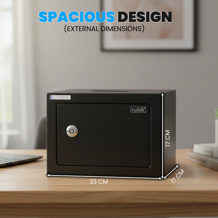 Rubik Key Operated Mini Safe Box with Drop Slot, Steel Safe (17x23x17cm) RB-17BK-SL Black