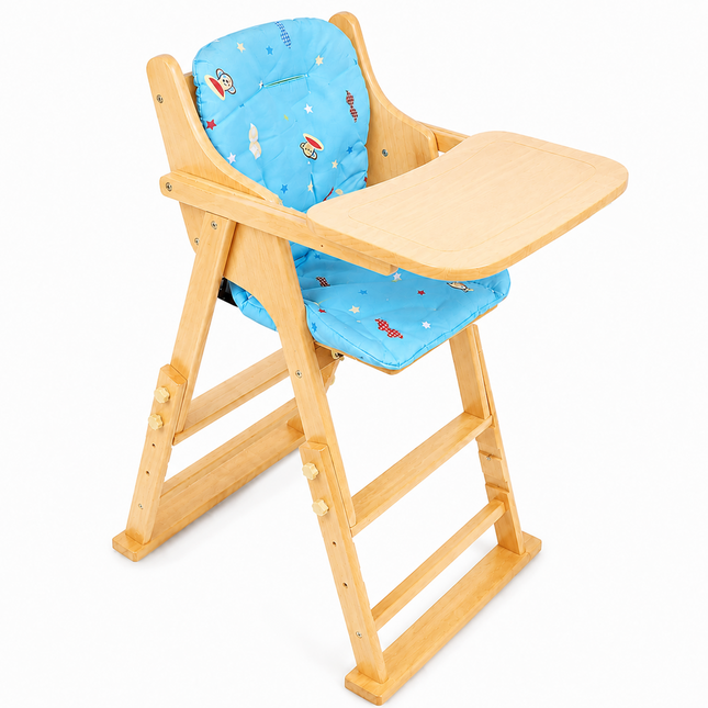 Adjustable Solid Wood Baby High Chair,  Foldable with Safety Harness & Cushion, Beige