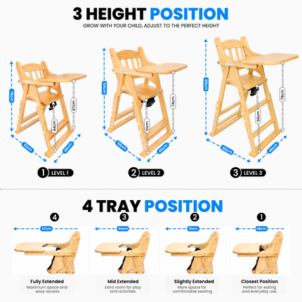 Adjustable Solid Wood Baby High Chair,  Foldable with Safety Harness & Cushion, Beige
