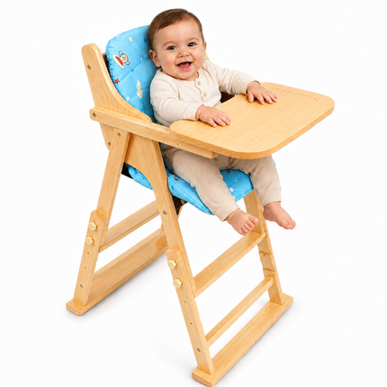 Adjustable Solid Wood Baby High Chair,  Foldable with Safety Harness & Cushion, Beige