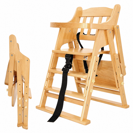 Adjustable Solid Wood Baby High Chair,  Foldable with Safety Harness & Cushion, Beige