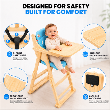 Adjustable Solid Wood Baby High Chair,  Foldable with Safety Harness & Cushion, Beige