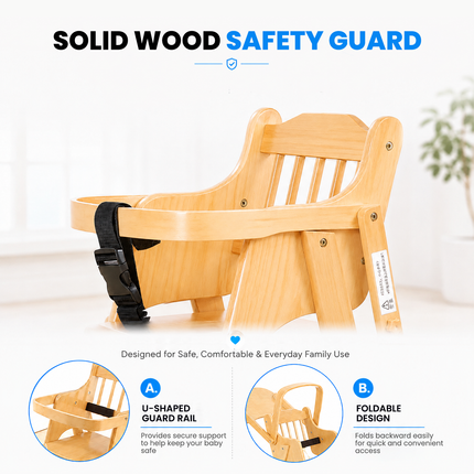 Adjustable Solid Wood Baby High Chair,  Foldable with Safety Harness & Cushion, Beige
