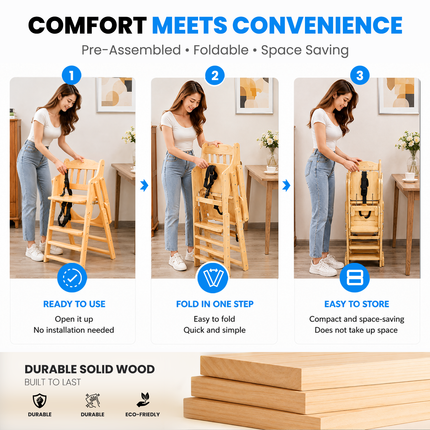 Adjustable Solid Wood Baby High Chair,  Foldable with Safety Harness & Cushion, Beige