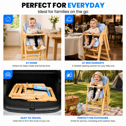 Adjustable Solid Wood Baby High Chair,  Foldable with Safety Harness & Cushion, Beige