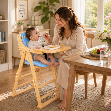Adjustable Solid Wood Baby High Chair,  Foldable with Safety Harness & Cushion, Beige