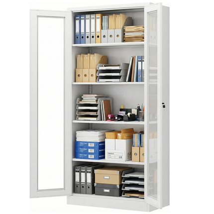 Metal File Folder Cabinet Glass Swing Door Office Storage Cupboard Adjustable Shelves Key Lock White