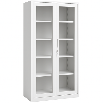 Metal File Folder Cabinet Glass Swing Door Office Storage Cupboard Adjustable Shelves Key Lock White