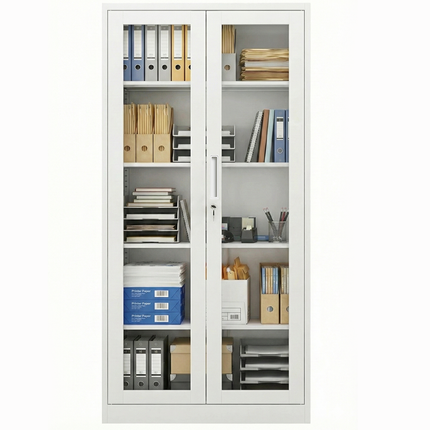 Metal File Folder Cabinet Glass Swing Door Office Storage Cupboard Adjustable Shelves Key Lock White