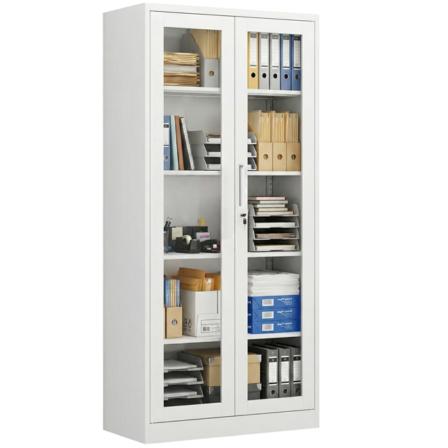 Metal File Folder Cabinet Glass Swing Door Office Storage Cupboard Adjustable Shelves Key Lock White